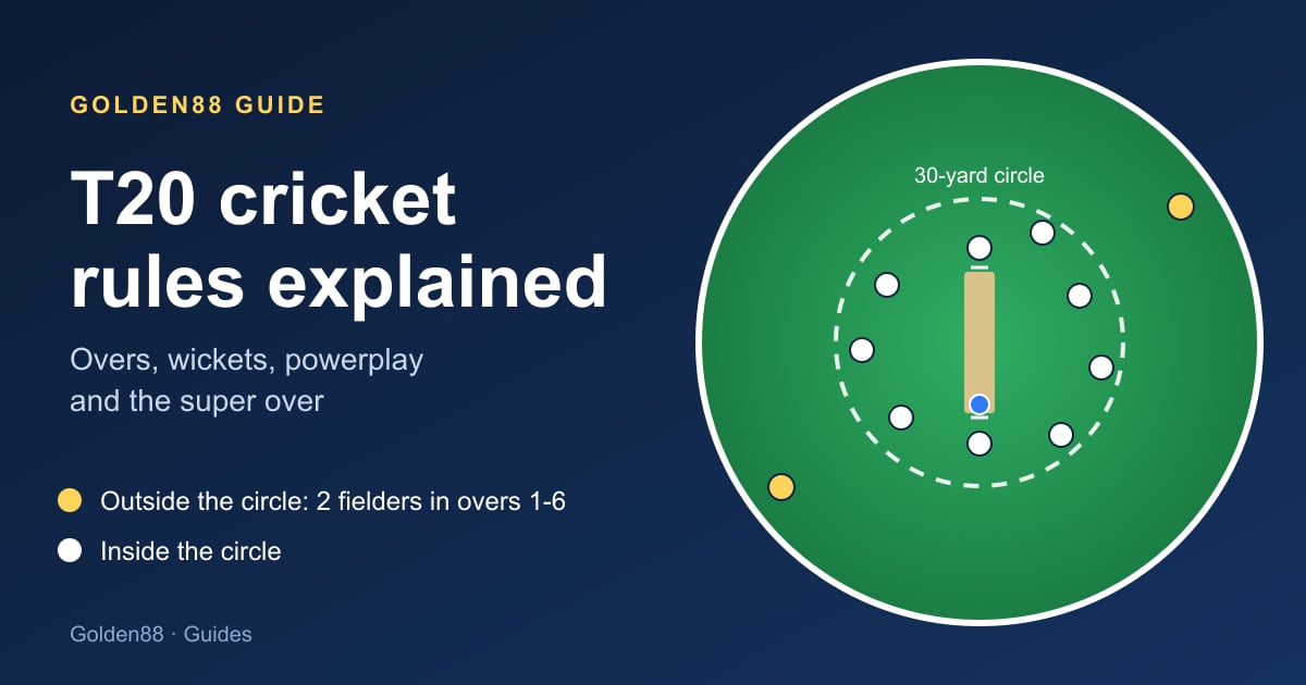 Diagram of a cricket field seen from above: the pitch in the middle, the dashed 30-yard circle, and two fielders outside the circle as allowed in the T20 powerplay